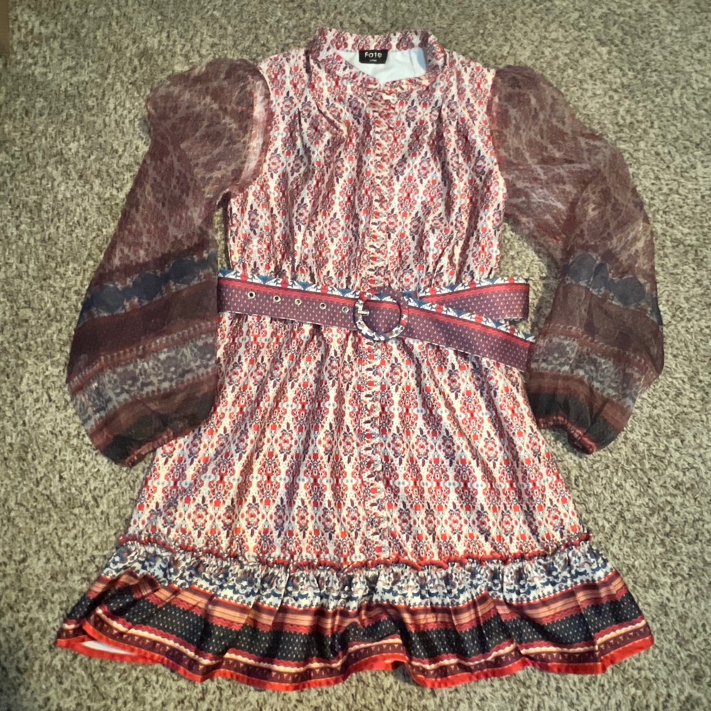 Fate Womens Boho Medallion Print Mini Dress Red Blue Sheer Sleeve Belted Large